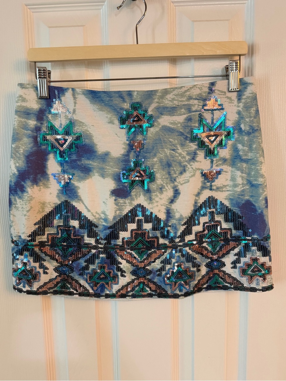 Express Sequin Aztec Mini Skirt Blue Tie Dye Beaded Medium Festival Boho